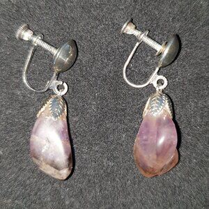 Adorable Vintage NATURAL Amethyst Sterling Silver Screw Back Dangle Earrings